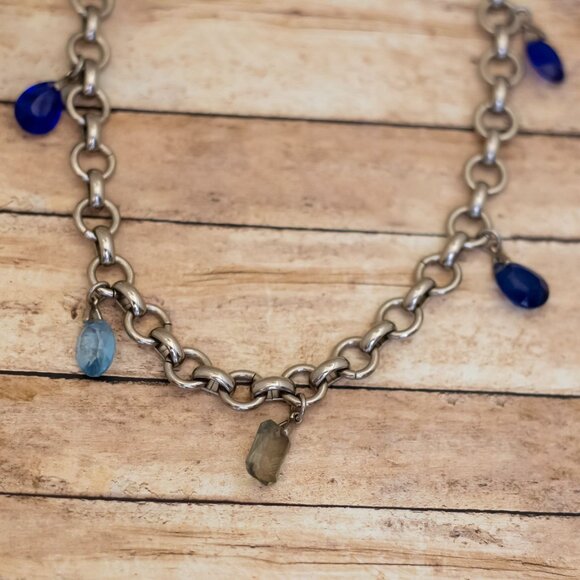 34 inch, Vintage Blue Faux Gems Rolo Links Gold Tone Chain Necklace - X26 - Picture 1 of 3